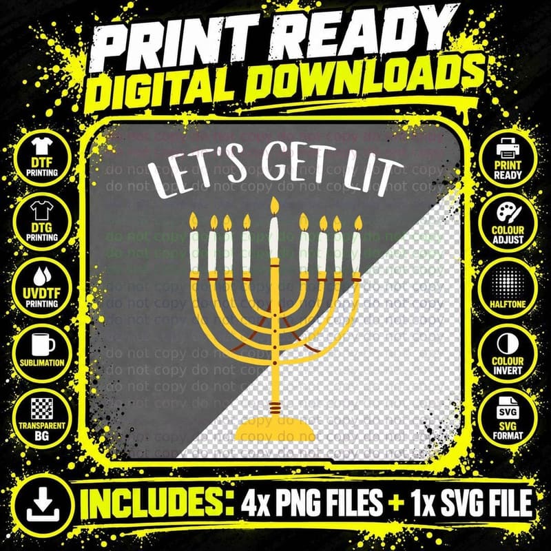 Lets Get Lit Happy Hanukkah Menorah Jewish Men Women Png SVG Digital Bundle