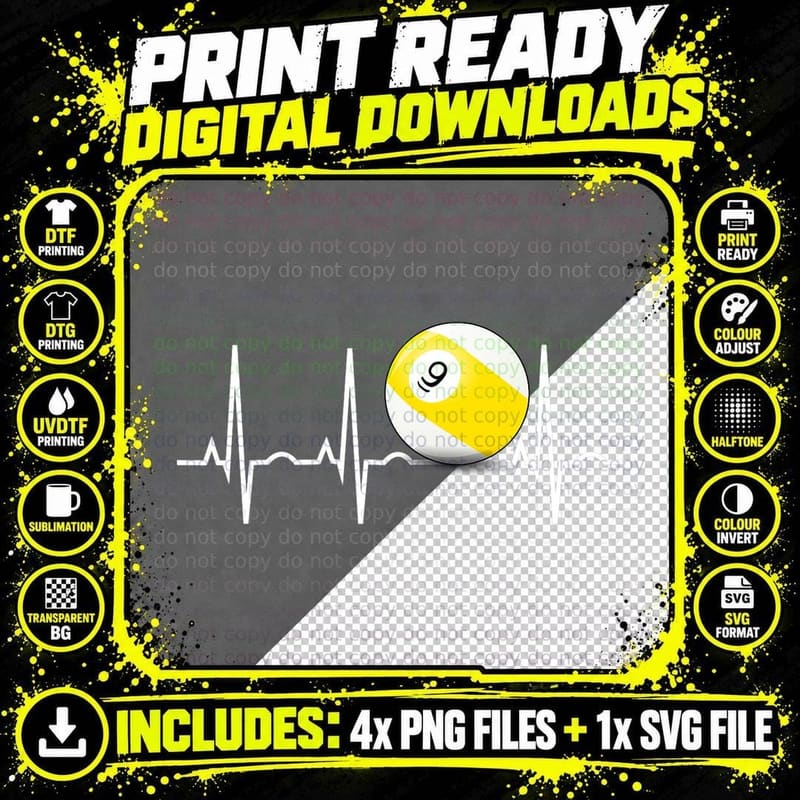 9 Ball Shirt - Pool Player Nine Ball Heartbeat Gift Png SVG Digital Bundle
