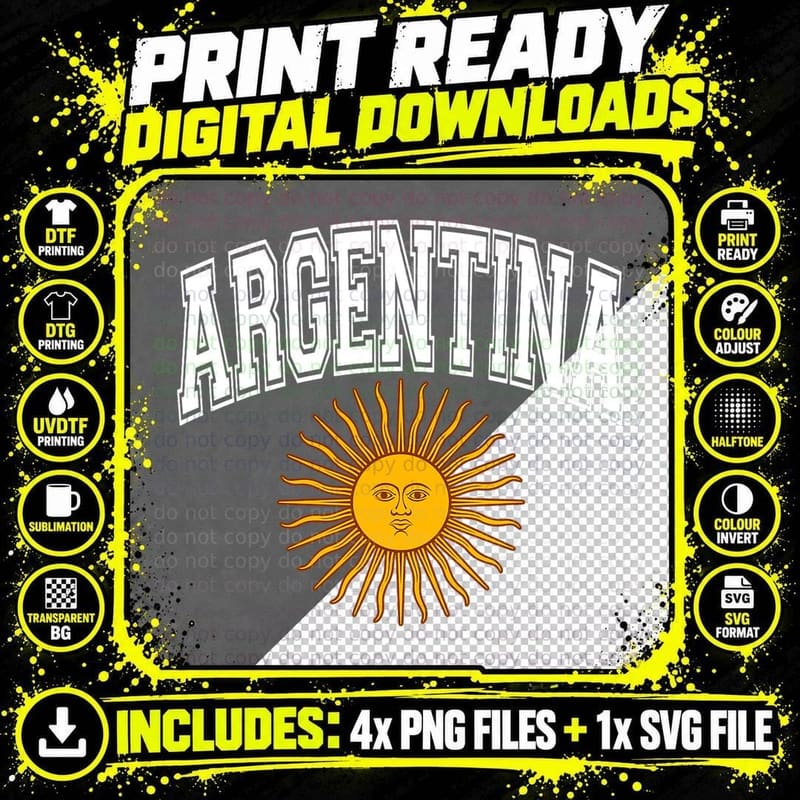 Argentina Varsity Style Sun of May White Text T-Shirt Png SVG Digital Bundle