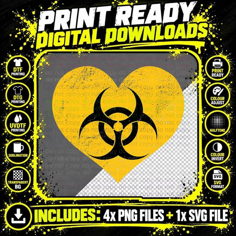 Biohazard Toxic Symbol - EDM Rave Heart T-Shirt Png SVG Digital Bundle