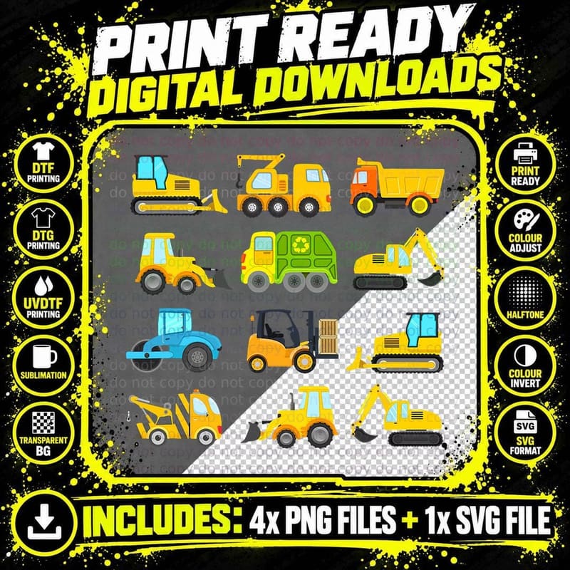 Boys' Trucks and Diggers Short Sleeved T-Shirt for Png SVG Digital Bundle