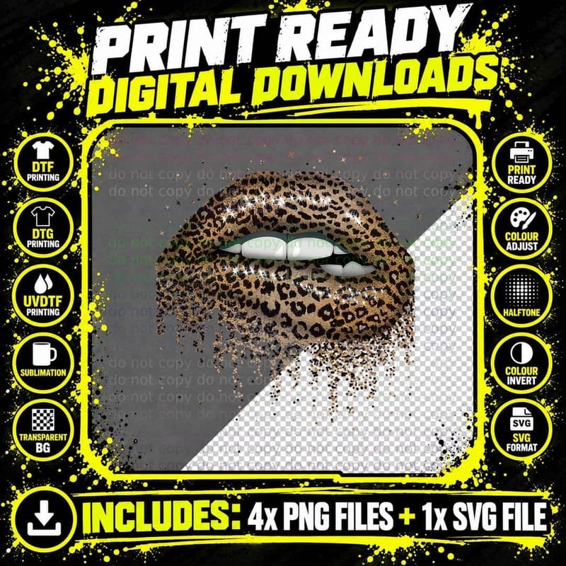 Cool Lips Bite Kiss Me Leopard Print Cheetah T-Shirt Png SVG Digital Bundle