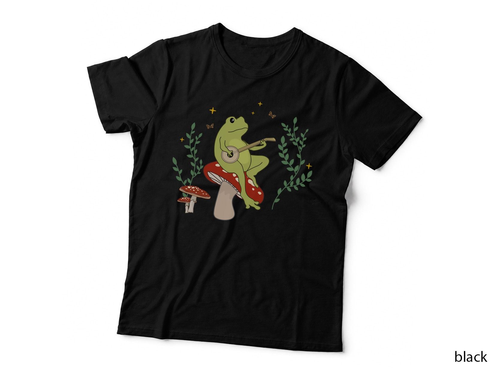Cottagecore Aesthetic Cute Frog Playing Banjo on Mushroom T-Shirt