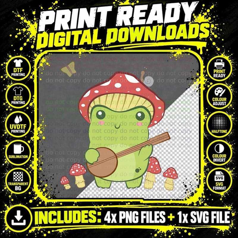 Cottagecore Aestic Frog Playing Banjo on Mushroom Cute Png SVG Digital Bundle