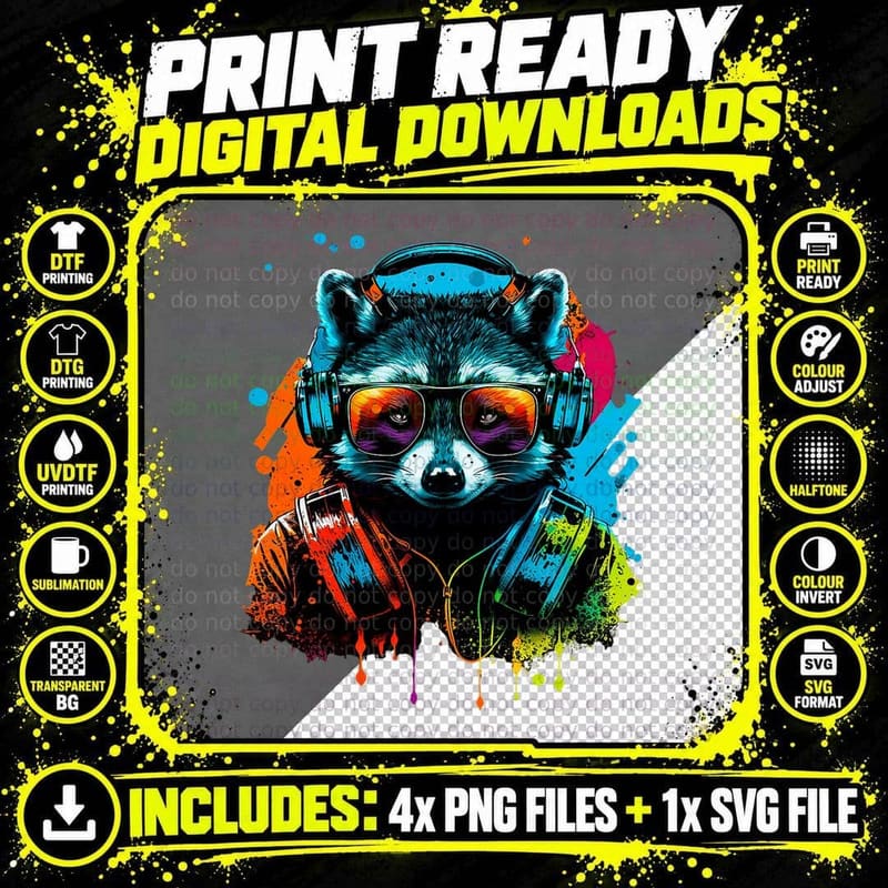 Dj Racoon with Headphones Vaporwave Raccoon Lover T-Shirt Png SVG Digital Bundle