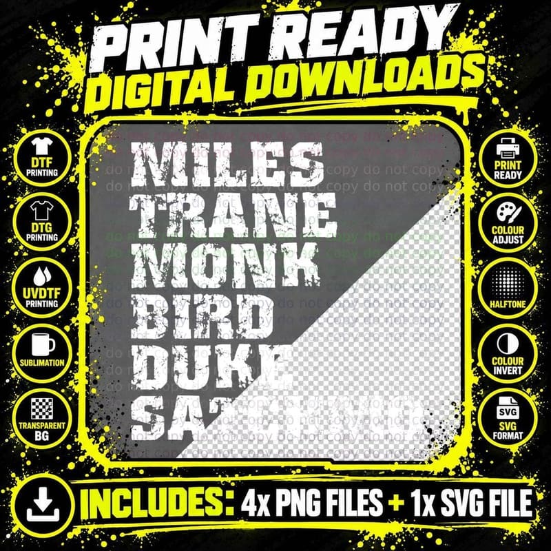 Famous Jazz Miles Coltrane Monk Parker Ellington List Png SVG Digital Bundle