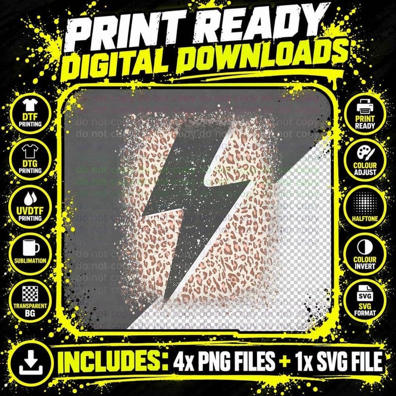Leopard Cheetah Thunder Print Cool Lightning Bolt T-Shirt Png SVG Digital Bundle
