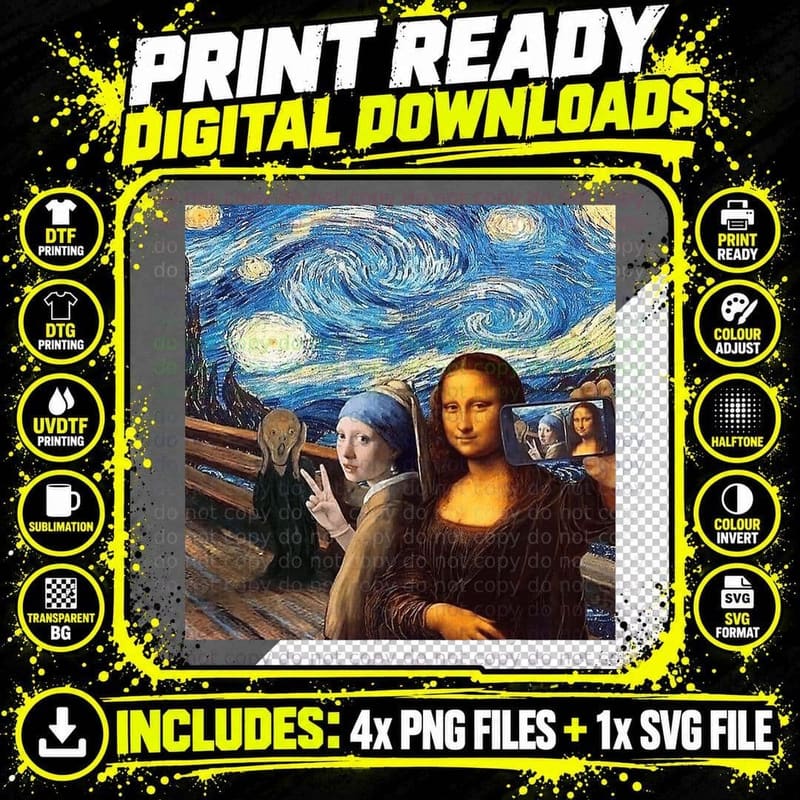 Mona Lisa Girl with a Pearl Earring the Scream Starry Png SVG Digital Bundle