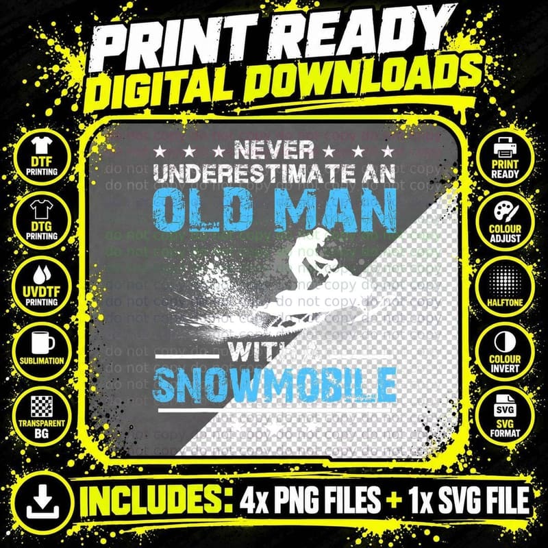 Never Underestimate an Old Man with a Snowmobile Shirt Png SVG Digital Bundle