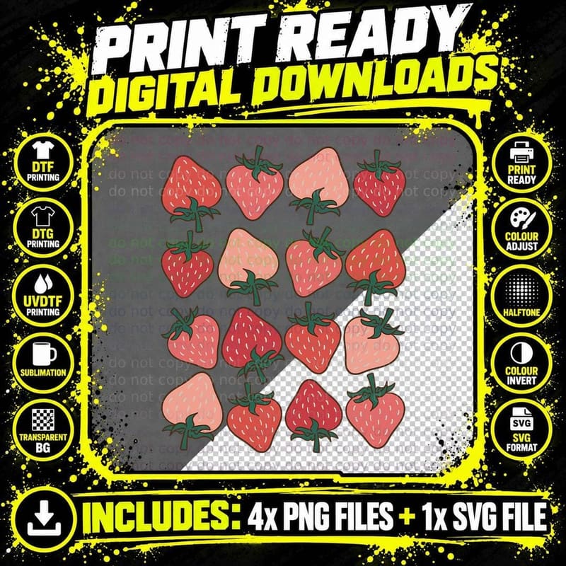 Strawberry Pattern Fruitarian Berry Strawberries Fruit Png SVG Digital Bundle