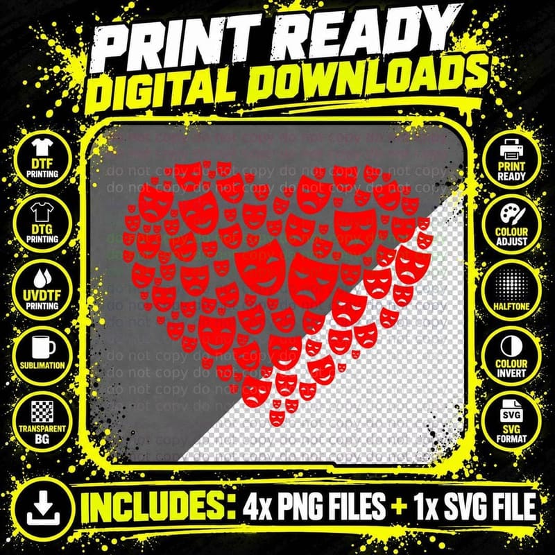 Actor Performer Artist Drama Theater Mask Heart Png SVG Digital Bundle