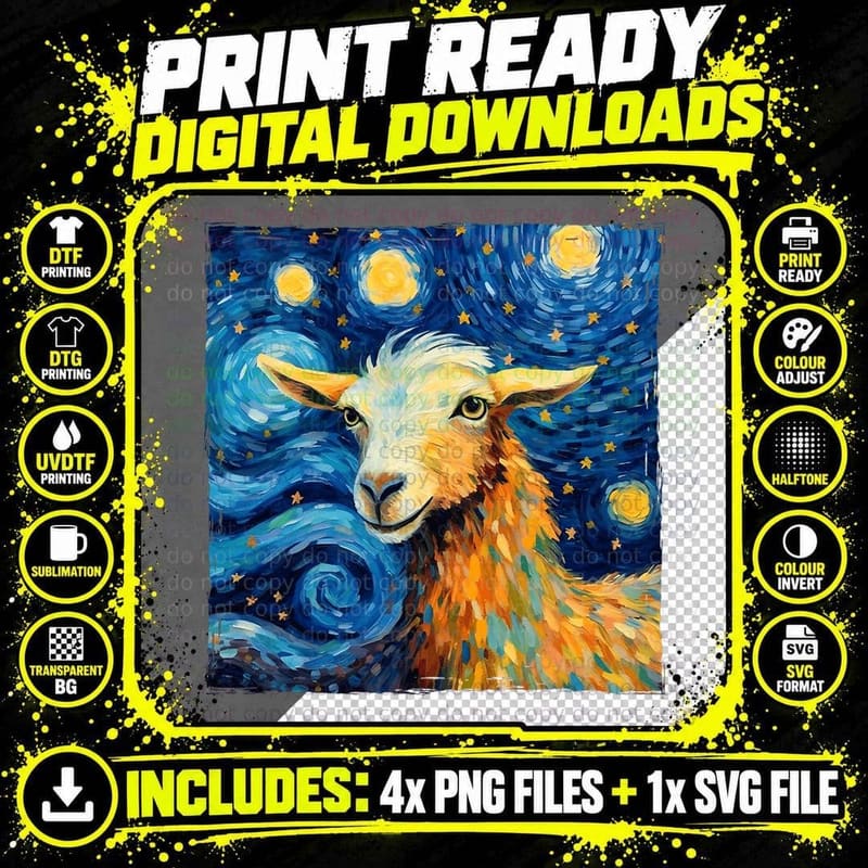 Goat Design in the Style of Van Gogh's Iconic Starry Png SVG Digital Bundle