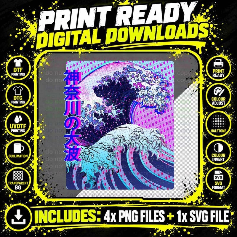 Great Wave off Kanagawa Vaporwave Glitch Aesthetic Kanji Png SVG Digital Bundle