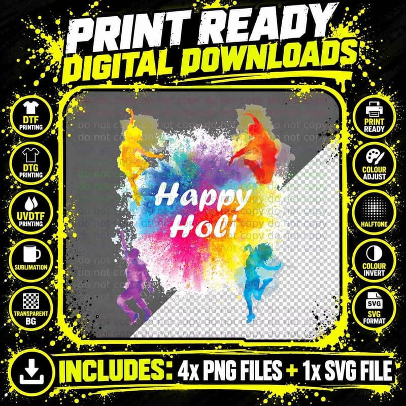 Happy Holi Festival Outfit for India Hindu Women Kids Png SVG Digital Bundle