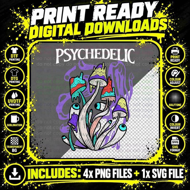 Magic Mushrooms Psychedelic Fungi Fantasy Eye Hippie Png SVG Digital Bundle