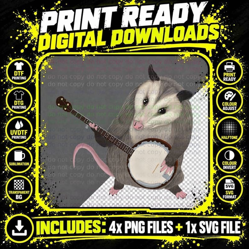 Opossum Playing the Banjo - Possum T-Shirt Png SVG Digital Bundle
