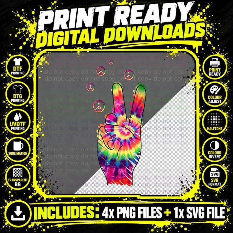 Peace Hand Sign Tie Dye Psychedelic Victory Hand Gesture Png SVG Digital Bundle