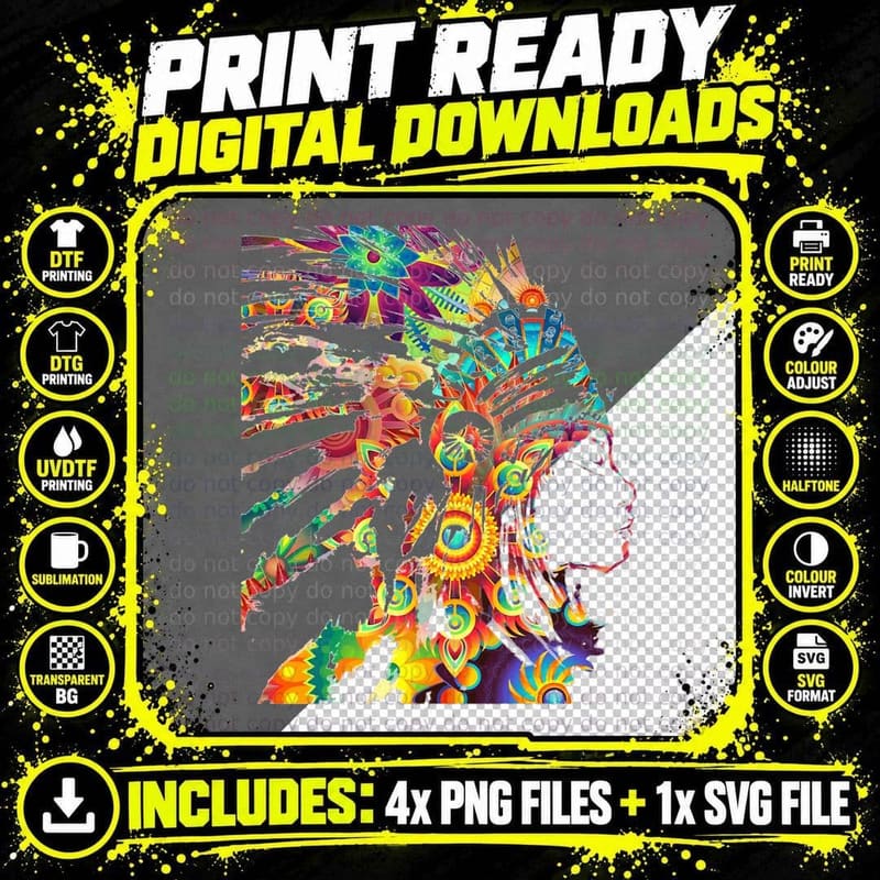 Psychedelic Headdress Native American Indian Traditional Png SVG Digital Bundle