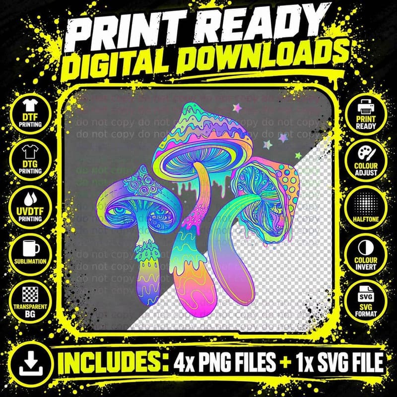 Psychedelic Mushroom, Rainbow Mushroom Colorful Trippy Png SVG Digital Bundle