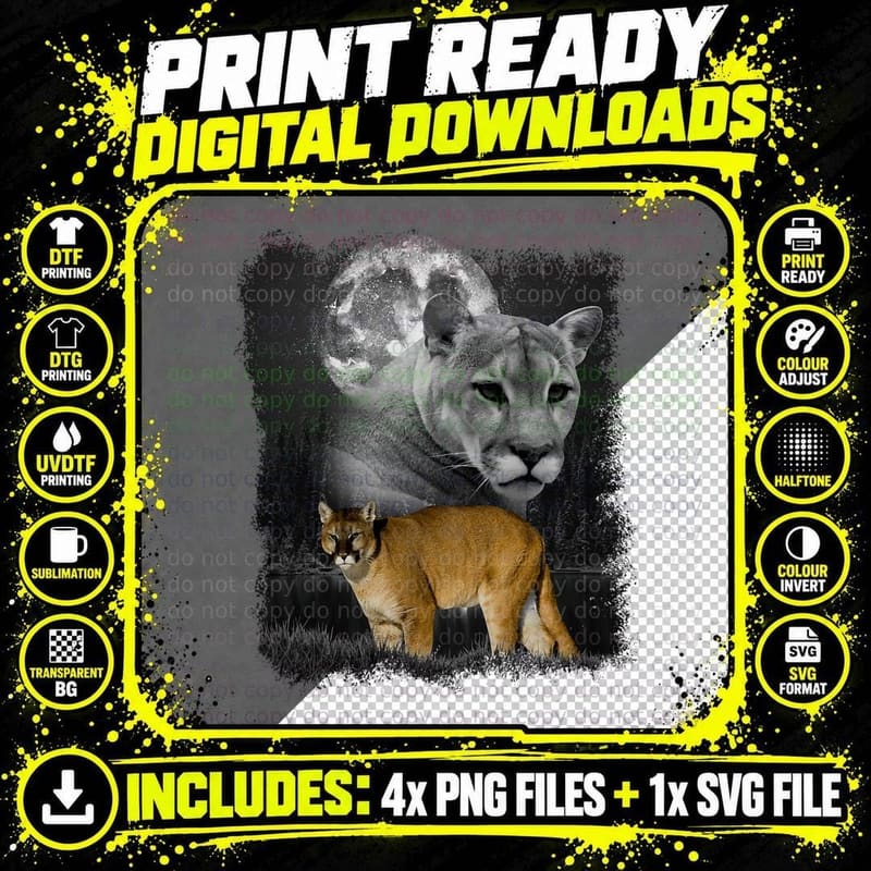 Puma Cougar Illustration Moon Puma Lovers T-Shirt Png SVG Digital Bundle