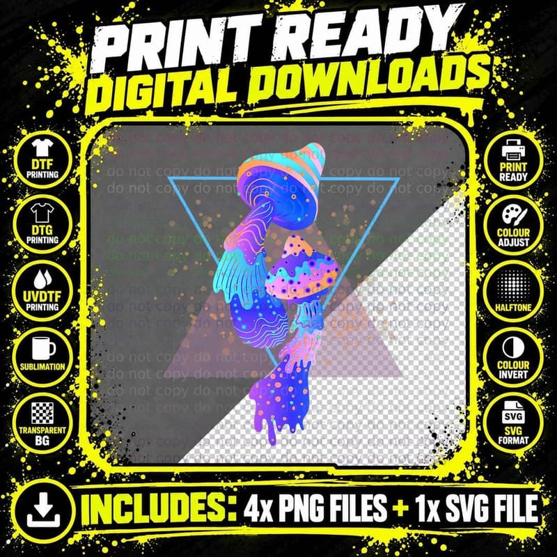 Trippy Hippie Psilocybin Psychedelic Magic Mushroom Png SVG Digital Bundle