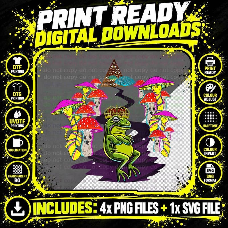 Trippy Royal, King Frog Mushrooms Psychedelic Magic Png SVG Digital Bundle