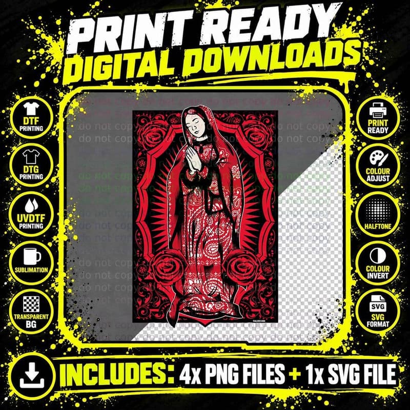 Virgin Mary Mexican Blanket Art Red Bandana Print Png SVG Digital Bundle
