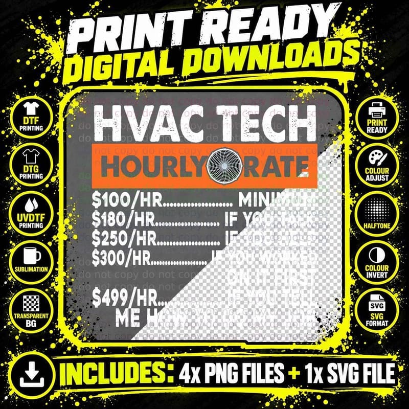 Mens HVAC Tech Hourly Rate, Air Conditioning Tech Png SVG Digital Bundle