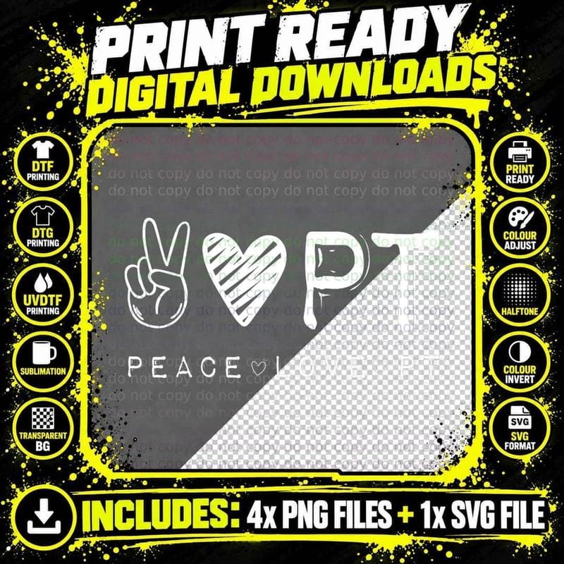 Peace Love PT Shirt, Physical Therapist Therapy Gift Png SVG Digital Bundle