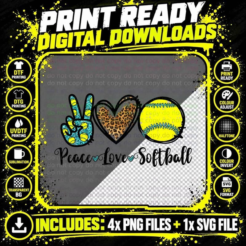 Peace Love Softball for Teen Girls Cute Leopard Softball Png SVG Digital Bundle