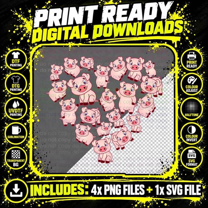 Pig Shirts for Women Girls Kids Heart Shape Poses Cute Png SVG Digital Bundle
