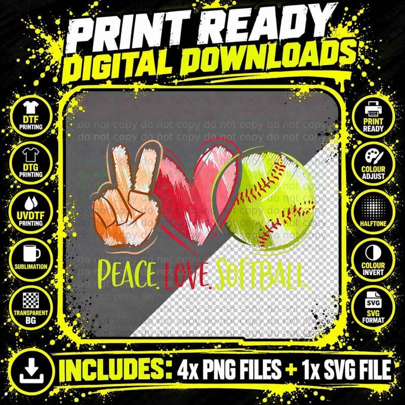 Softball Player Girls Peace Love Softball T-Shirt Png SVG Digital Bundle
