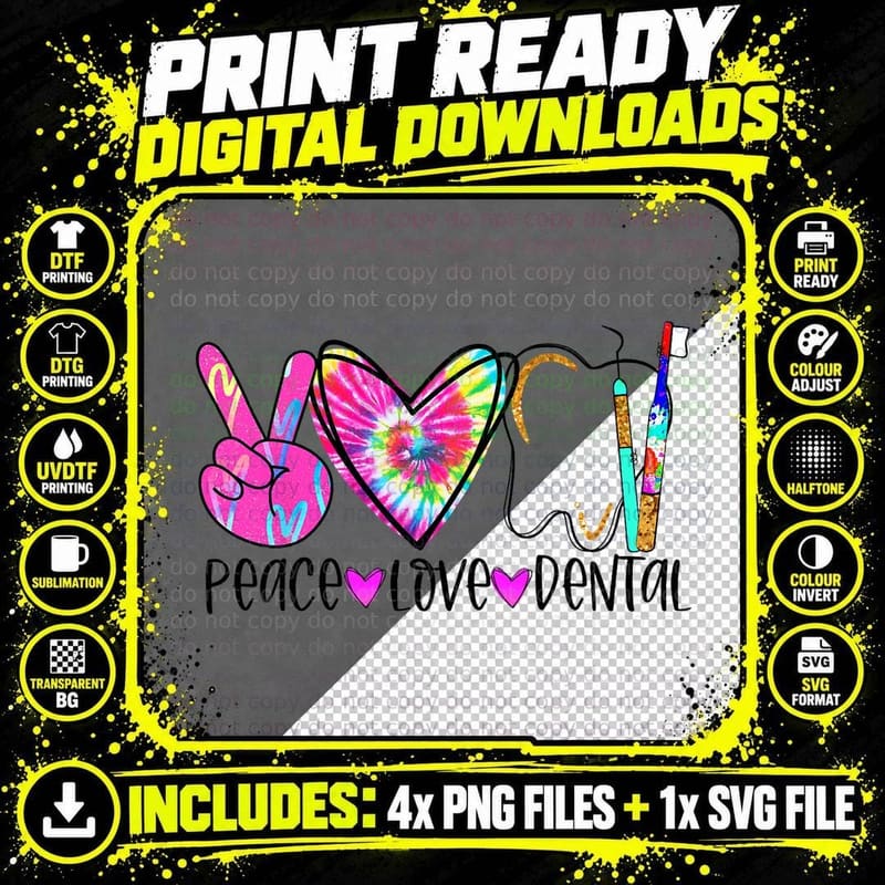 Tie Dye Peace Love Dental Assistant Hygienist Dentist Png SVG Digital Bundle