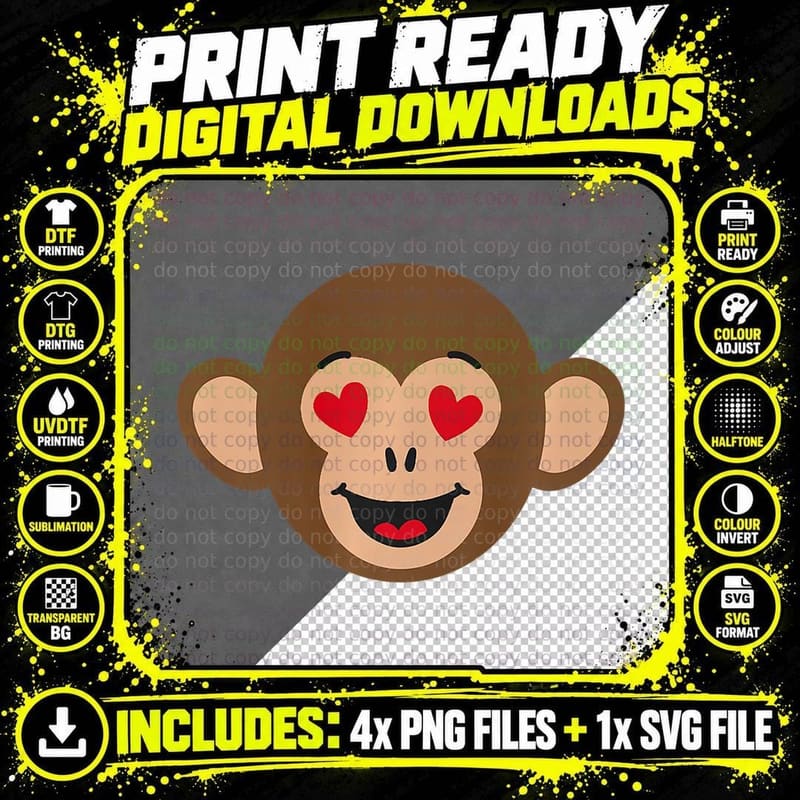Comic Monkey with Hearts in Eyes for Men, Women Png SVG Digital Bundle