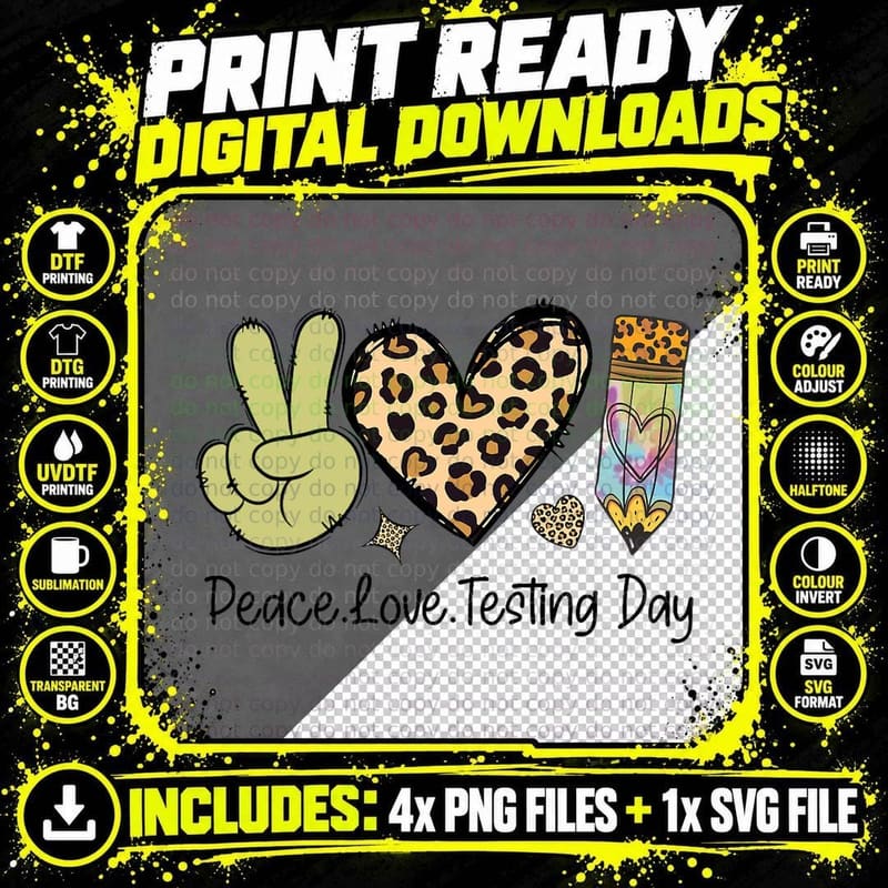 Leopard Peace Love Testing Shirt Cute Test Day Testing Png SVG Digital Bundle