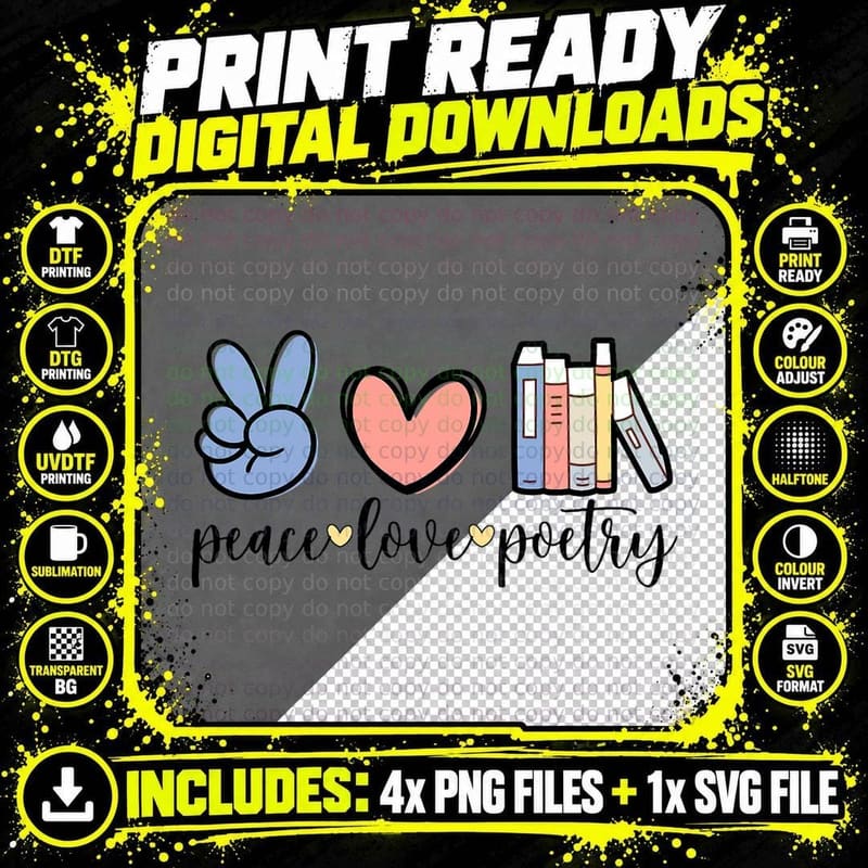 Peace Love Poetry Poet Poetry Lover Poem Writer T-Shirt Png SVG Digital Bundle