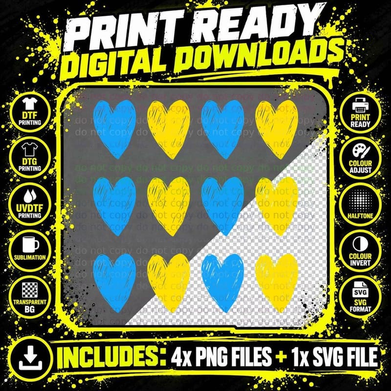 Ukrainian Hearts Support Ukraine Blue Yellow Flag Colors Png SVG Digital Bundle