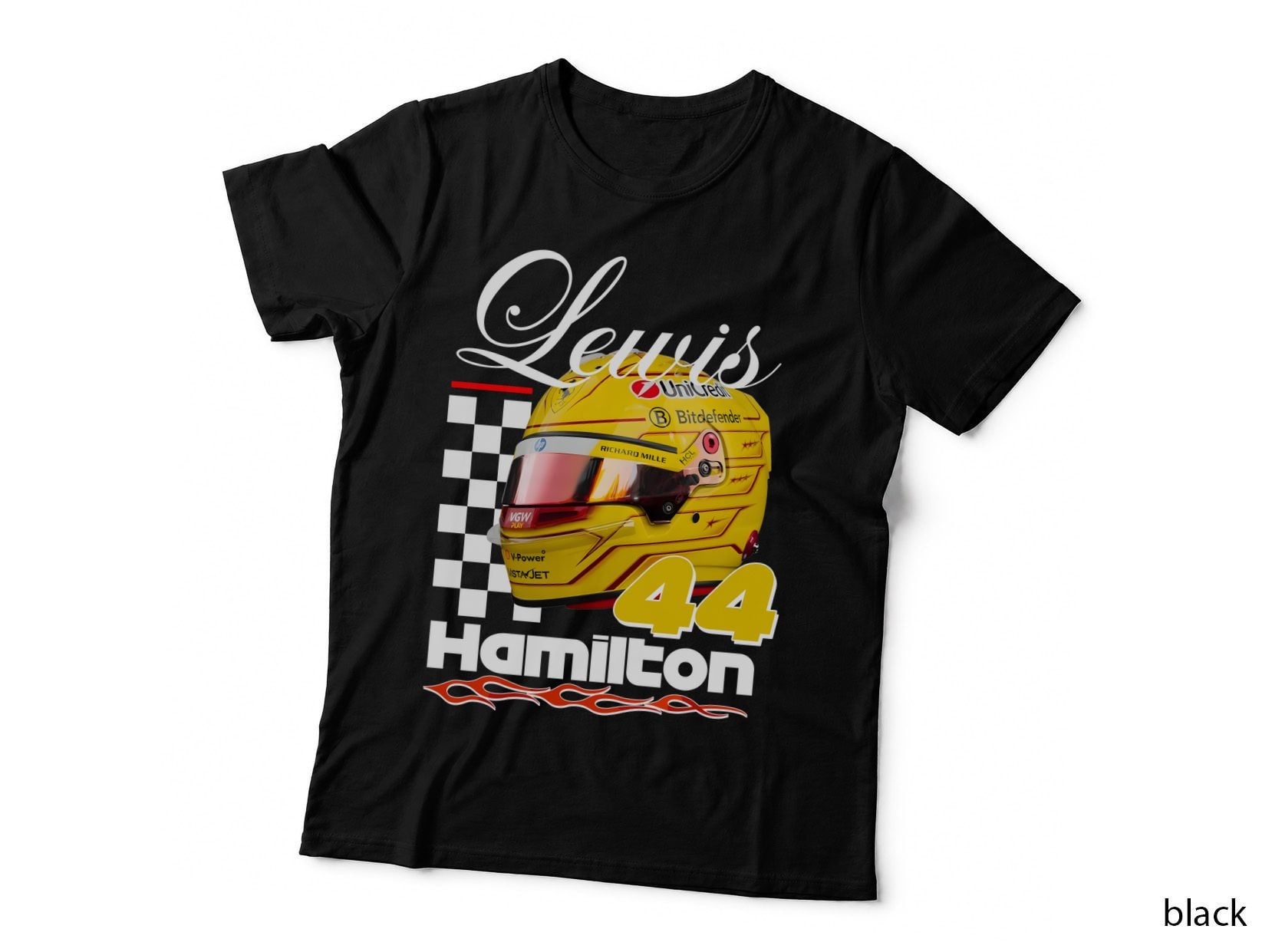 Lewis Hamilton Yellow Helmet T-Shirt, Number 44 F1 Flames Design Tee