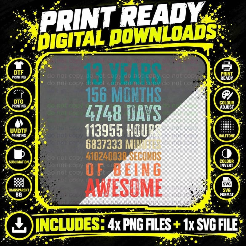 13 Years 156 Months Being Awesome 13th Birthdayn Gifts Png SVG Digital Bundle