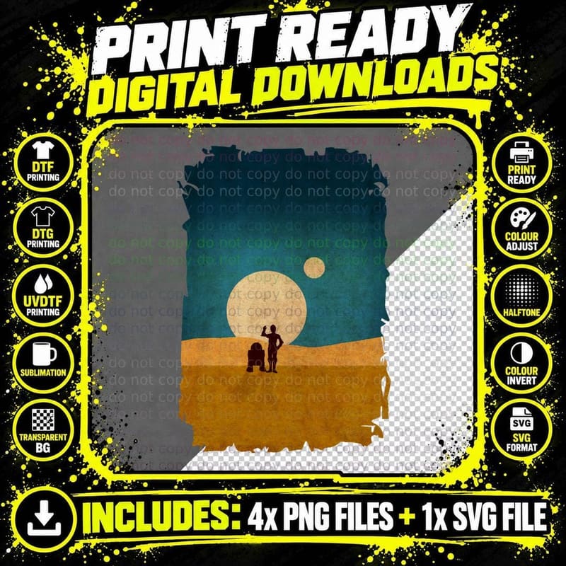 Droids in the Dunes T-Shirt, Sci-Fi Desert Png SVG Digital Bundle