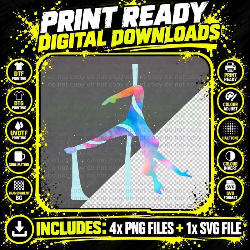 Aerial Silk Acrobat T-Shirt, Colourful Silhouette on Png SVG Digital Bundle
