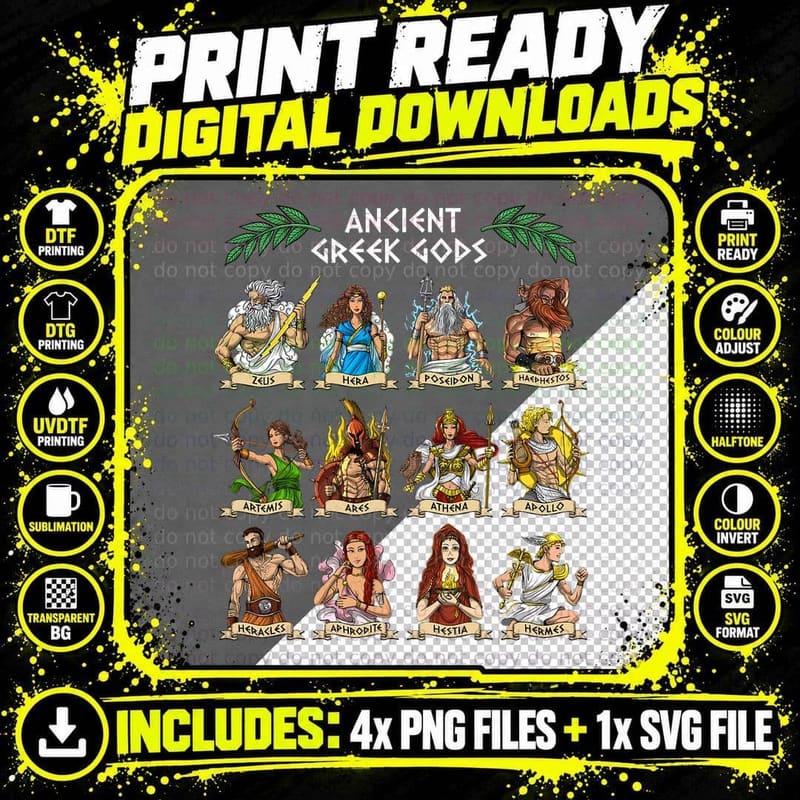 Ancient Greek Gods Chart, Zeus Hera Poseidon Athena Png SVG Digital Bundle