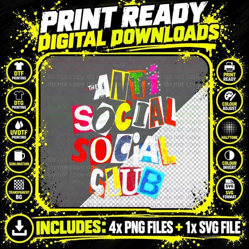 Anti Social Club T-Shirt, Cut-Out Letter Art Png SVG Digital Bundle