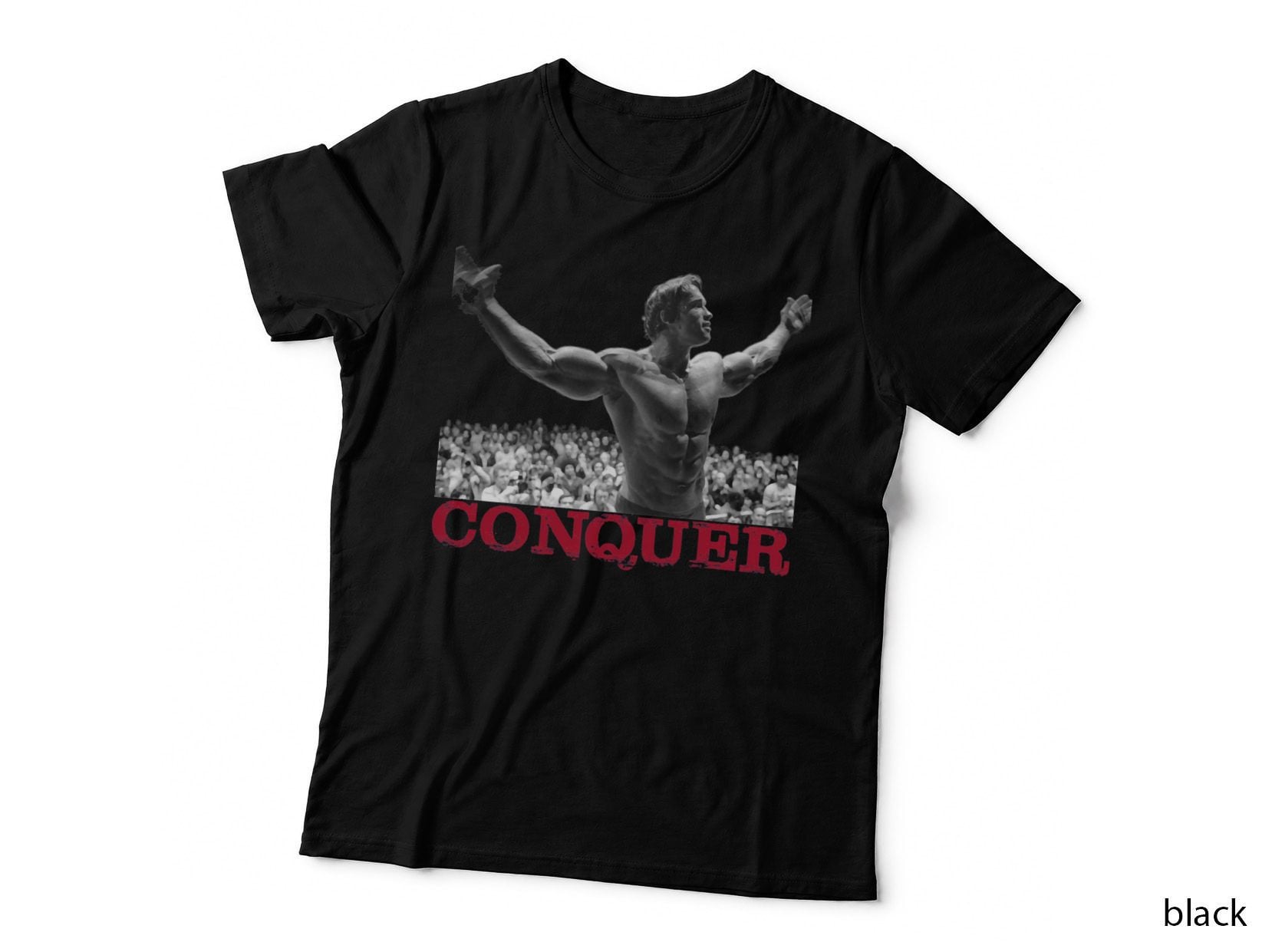 Arnold Schwarzenegger Conquer T-Shirt, Arms Raised Triumph, Bodybuilding