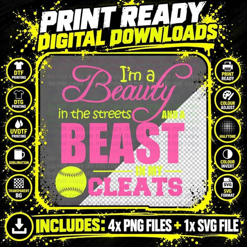 Beauty in the Street Beast in My Cleats Girls Softball Png SVG Digital Bundle