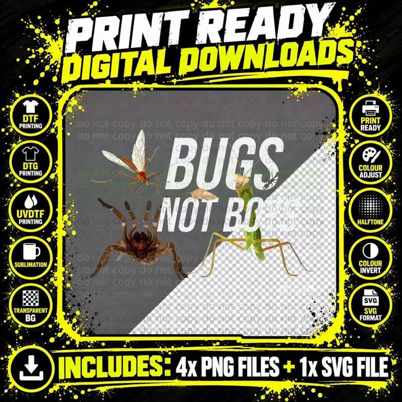 Bugs Not Boys T-Shirt, Spider Mantis Insect Collage Png SVG Digital Bundle