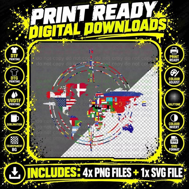 Cartography International World Flags Compass World Map Png SVG Digital Bundle