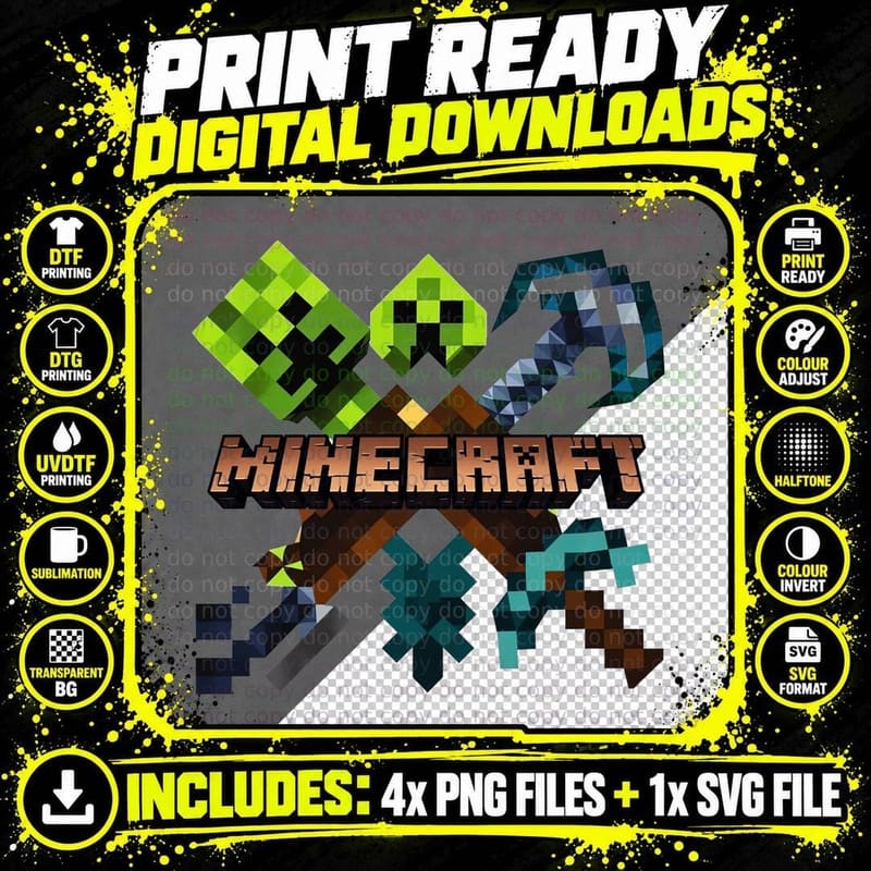 Creeper Logo T-Shirt, Diamond Pickaxe and Axe Design Png SVG Digital Bundle
