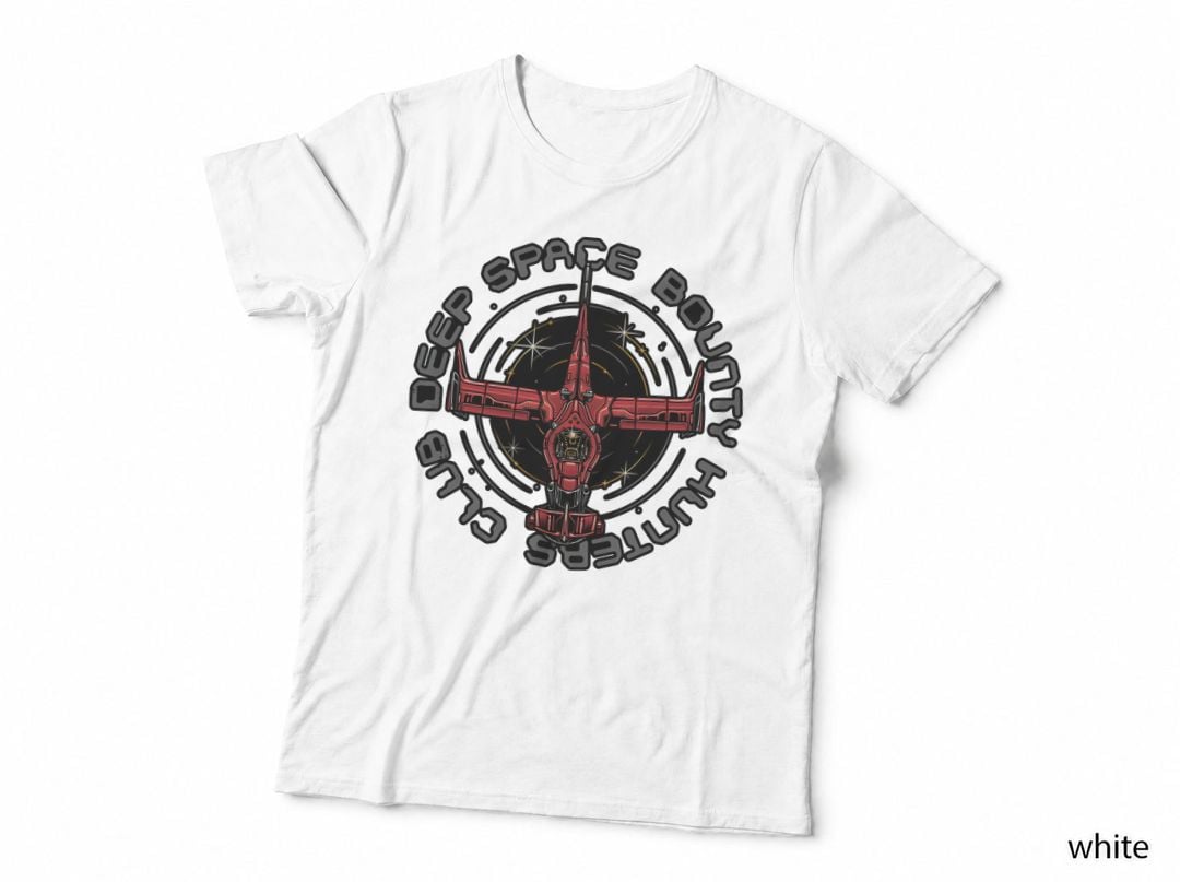 Deep Space Bounty Hunters Club T-Shirt, Red Spaceship Badge, Sci-Fi Fan