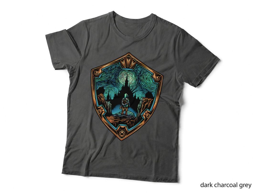 Destiny on the Horizon Hero Shield T-Shirt, Starry Castle Crest, Fantasy Fan